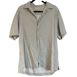 MNG MAN Linen Short Sleeve Button Up Geometric Green Shirt XL Euro Casual Summer